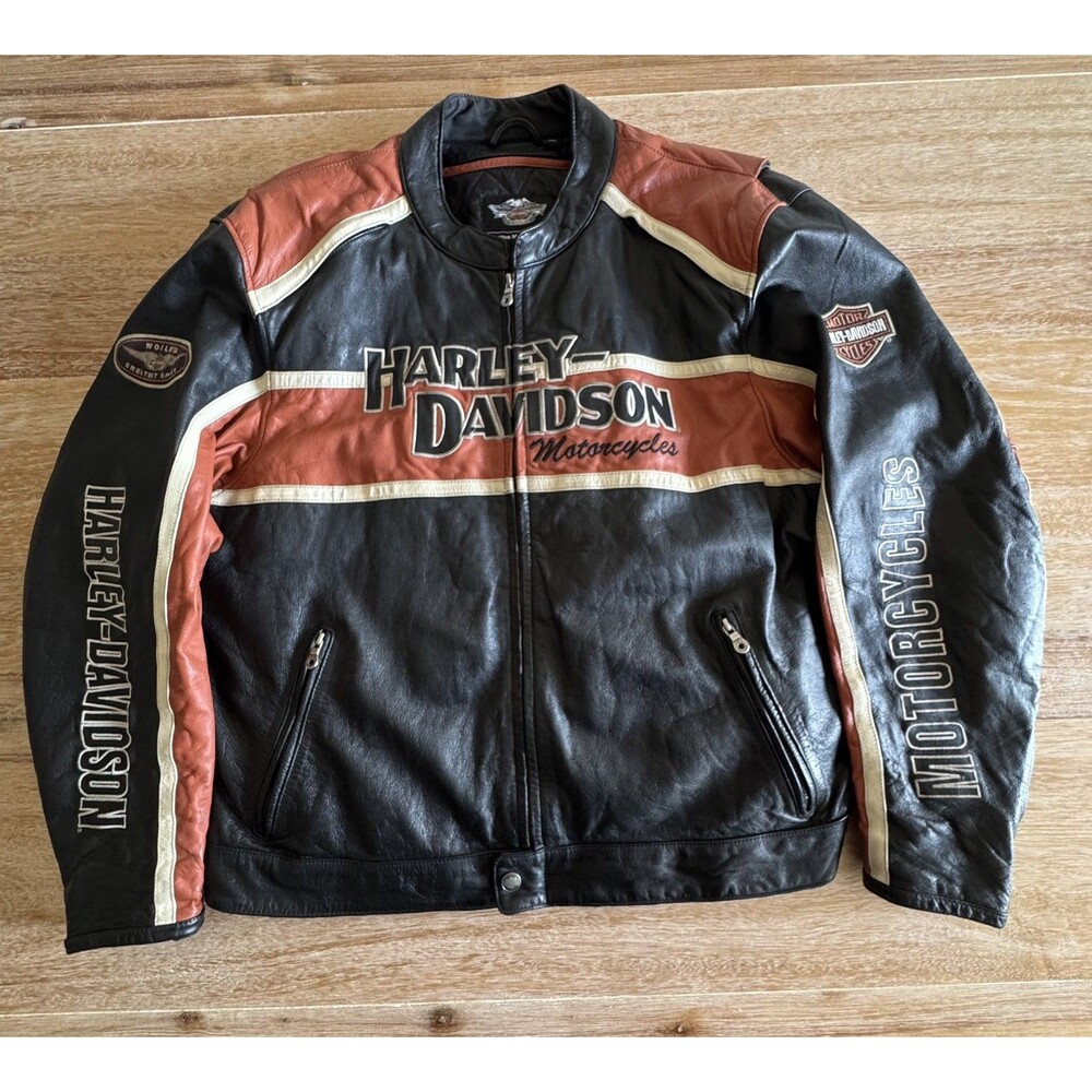 Harley Davidson Victory Lane Leather Jacket 3XL Black Orange Armor Liner READ